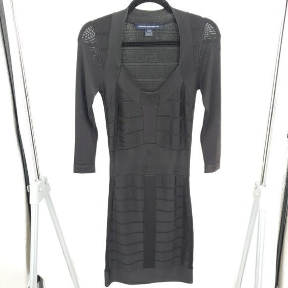 French Connection Bandage Herve Leger-Style Elbow Sleeve Dress 2 Black Halloween